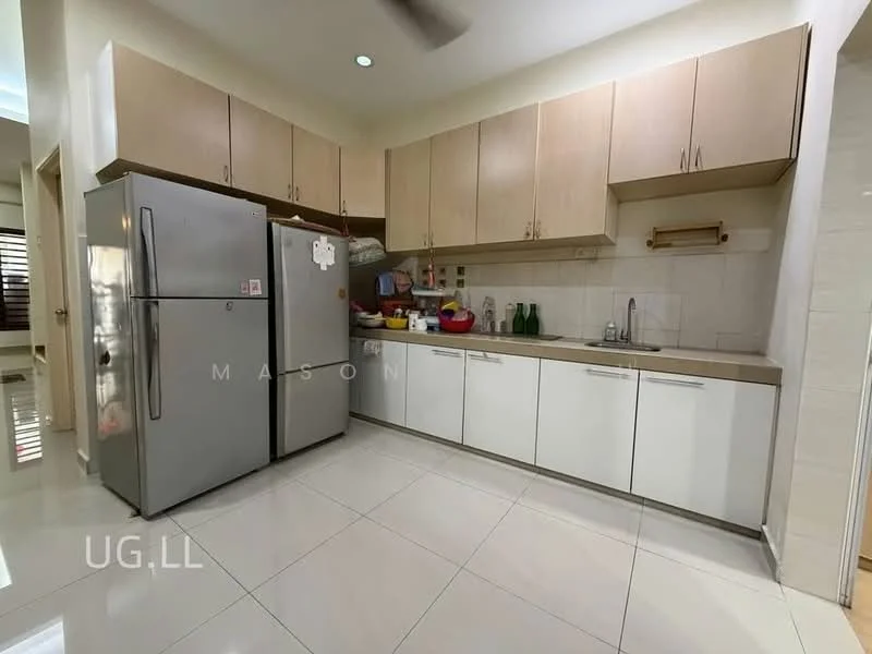 Kitchen features: stainless-steel fridge, built-in oven, double-bowl stainless-steel sink, chrome pull-down faucet, laminate countertop, white cabinetry with flat-panel doors, ceramic tile flooring, recessed downlights, wall-mounted shelving, kitchen utensils and appliances on countertop; style: modern.