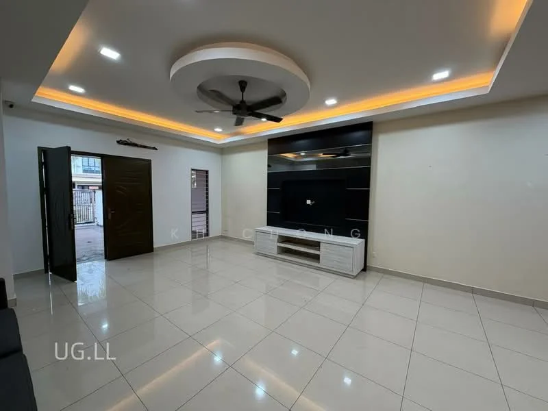 Living features: white painted walls, glossy ceramic tile flooring, tray ceiling with recessed lighting, 5-blade ceiling fan with light, wall-mounted TV console in white, large entrance door, floor-to-ceiling windows, LED strip lighting, neutral color palette; style: modern.