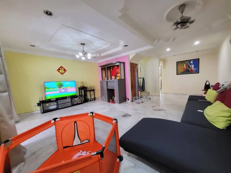 Living features: marble flooring, tray ceiling with recessed lighting, 5-blade ceiling fan, wall-mounted TV, black TV console, sofa with black upholstery, green accent cushions, decorative wall art, playpen, light yellow painted walls, pink accent wall, open layout; style: modern.