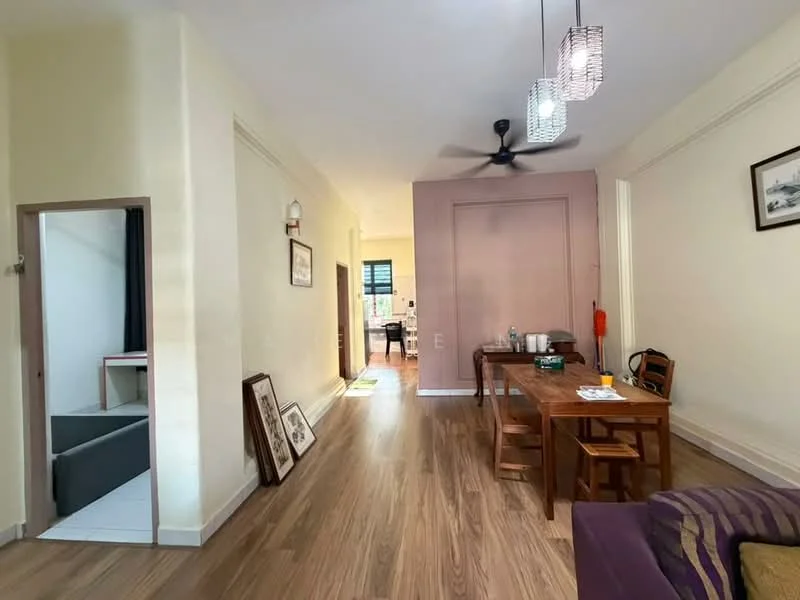 Living features: wooden flooring, cream painted walls, recessed downlights, 5-blade ceiling fan, dining table with chairs, framed artwork on walls, sofa with cushions, open layout to kitchen, large windows for natural light; style: modern. Room features: white walls, doorway leading to another room, light-colored flooring.