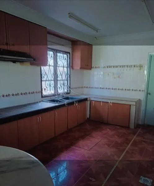 Kitchen features: brown wooden cabinetry, black countertop, white tiled backsplash, window with wrought iron grille, vinyl flooring with geometric pattern, ceiling-mounted fluorescent lighting, built-in kitchen cabinet, open shelving, kitchen sink, wall-mounted exhaust hood; style: traditional.