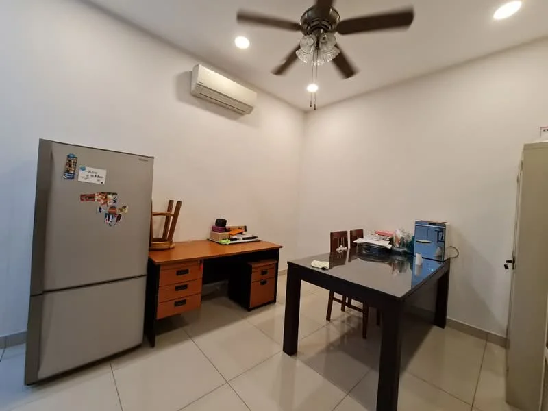 Room features: white painted walls, ceiling fan, 1 wall-mounted split AC, ceramic tile flooring, dining table with black surface, wooden desk, stainless-steel fridge, filing cabinet, stacked chair; style: modern.