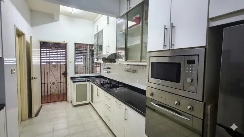 Kitchen features: white cabinetry, black granite countertop, stainless-steel built-in oven, stainless-steel microwave, 4-burner gas hob, stainless-steel range hood, double-bowl stainless-steel sink, wall-mounted shelves, tile flooring, window with metal grille, door leading to outdoor area; style: modern.