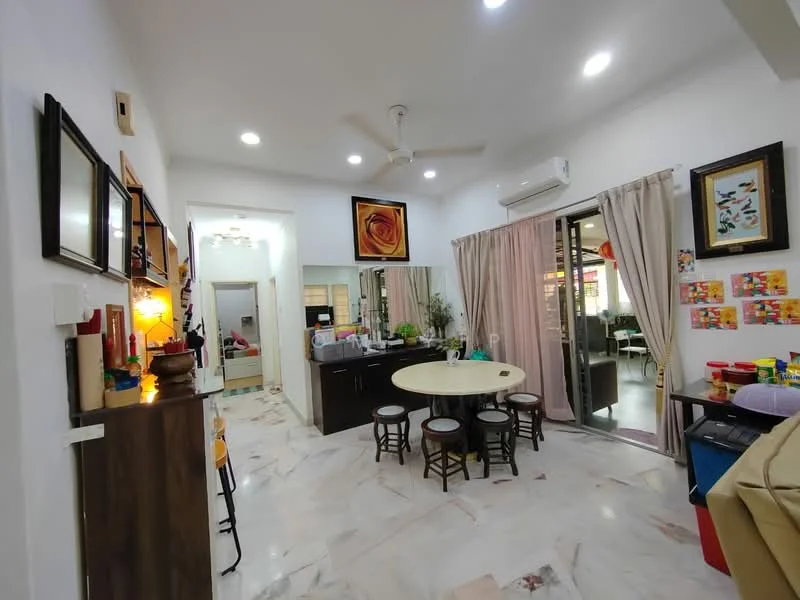 Living features: marble flooring, white painted walls, ceiling fan, recessed downlights, dining table with circular top, four wooden dining chairs, wall-mounted air conditioning unit, sliding glass door, curtains, decorative artwork on walls, open shelving with decorative items, built-in cabinetry, wall clock; style: modern.