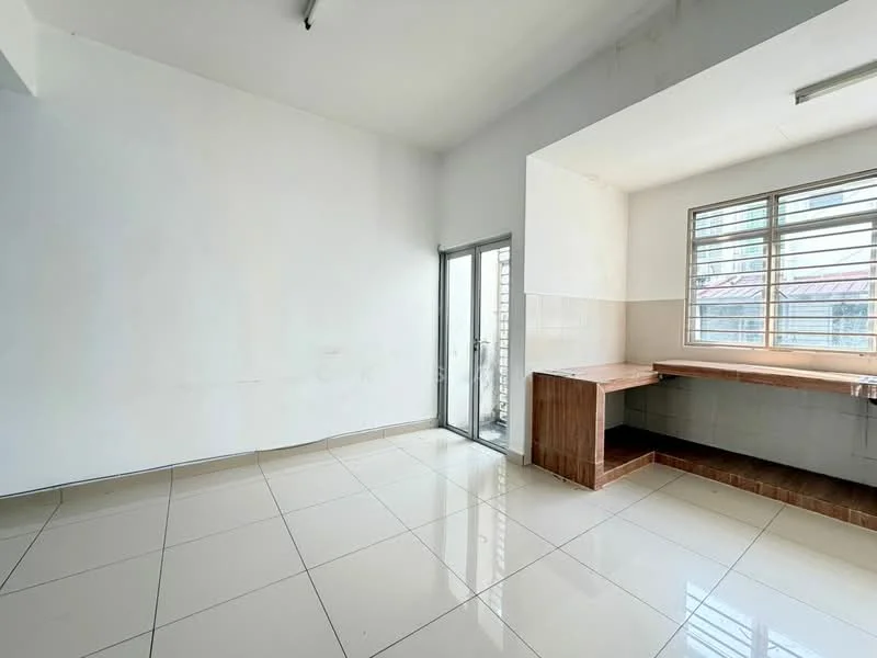 Kitchen features: white painted walls, glazed tile flooring, single-bowl stainless-steel sink, wood countertop, window with metal grille, sliding glass door, natural light from window, open layout.