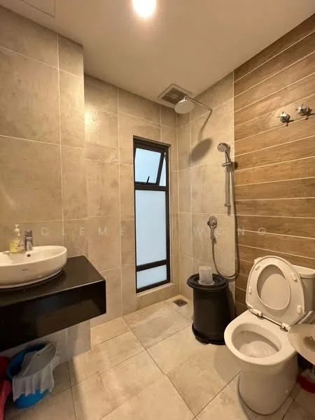Bathroom features: single-sink vanity with black cabinet, chrome basin mixer faucet, framed mirror, one-piece toilet, walk-in shower with glass enclosure, rain shower head, tile cladding on walls, ceramic tile flooring, window for natural light, shower drainage, towel hooks; style: modern.