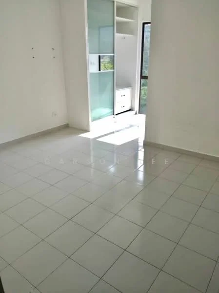 Room features: white painted walls, glossy white tile flooring, large window with view, built-in wardrobe, natural light from window; style: modern; view: garden.