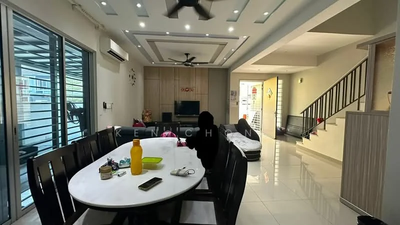 Living features: white painted walls, glossy tile flooring, 5-blade ceiling fan with light, recessed downlights, wall-mounted TV, sofa, coffee table, dining table with black chairs, large sliding glass doors, open layout to kitchen, decorative wall art, staircase in background; style: modern; view: garden. Room features: white painted walls, glossy tile flooring, staircase, natural light from windows.