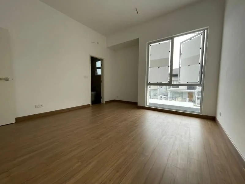 Room features: light wood laminate flooring, white painted walls, large window with sliding shutters, door leading to another room, high ceiling, natural light from window; style: modern.