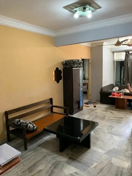 Living features: cream painted walls, marble flooring, ceiling with recessed lighting, wooden bench, black coffee table, dark wooden cabinet, sofa in dark color, floor-to-ceiling window, curtains, decorative wall mirror.