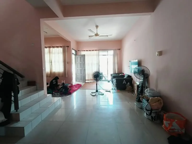 Living features: light pink painted walls, white tiled flooring, ceiling fan, large windows with sheer curtains, sliding glass door, two standing fans, sofa, coffee table, decorative items on the floor, staircase leading to upper level; style: modern.