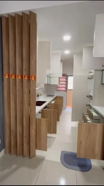 Kitchen features: white cabinets, wooden cabinetry, countertop with integrated sink, stainless-steel sink, chrome faucet, open shelving, tile backsplash, recessed lighting, ceramic tile flooring, grey accent wall, kitchen island, pull-out drawers; style: modern.
