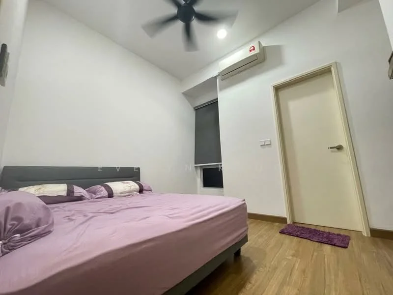 Bedroom features: queen-size bed with purple bedding, wooden flooring, white painted walls, ceiling fan, wall-mounted split AC, window with roller blinds, door with handle, purple area rug; style: modern.