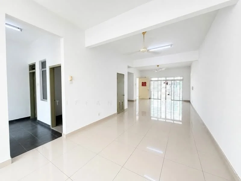 Living features: white painted walls, glossy ceramic tile flooring, ceiling fan, large sliding glass door, natural light from windows, open layout, neutral color scheme, high ceiling; style: modern. Room features: white painted walls, glossy ceramic tile flooring, doorway to adjacent room, neutral color scheme.