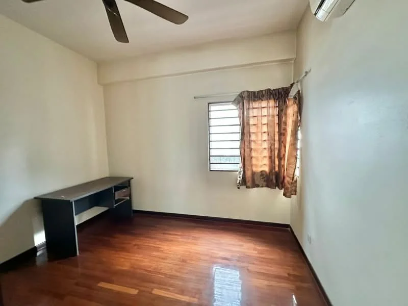 Bedroom features: wooden flooring, cream painted walls, ceiling fan, window with horizontal bars, curtains with floral pattern, desk with drawers, air conditioning unit.