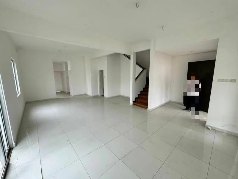 Room features: white painted walls, polished tile flooring, staircase with wooden steps, large windows, open layout, high ceiling, no visible furniture, neutral color scheme; style: modern.