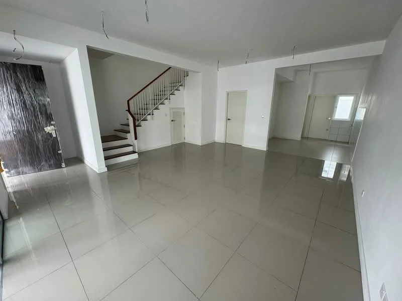 Living features: white painted walls, glossy ceramic tile flooring, staircase with wooden railing, door to adjacent room, door to hallway, large windows for natural light, ceiling with exposed wiring, open layout; style: modern.