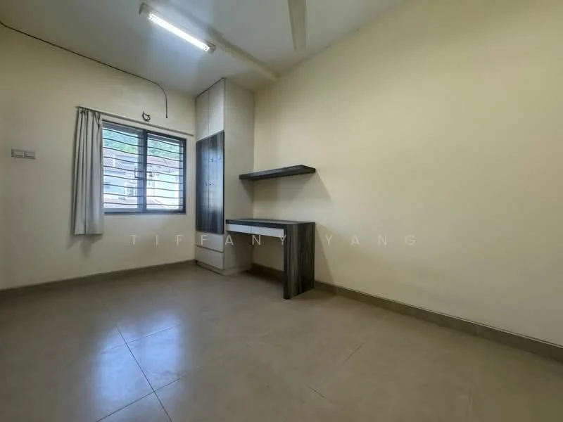 Room features: cream painted walls, tile flooring, window with metal grille, built-in wardrobe, desk with shelf, ceiling light fixture, curtain rod, single window treatment; style: minimalist.