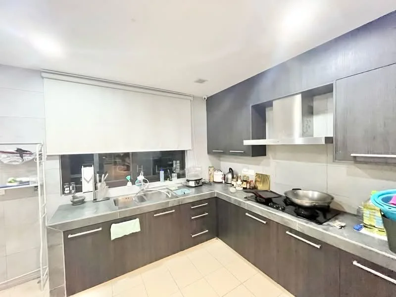 Kitchen features: grey laminate cabinetry, stainless-steel sink, chrome pull-down faucet, granite countertop, built-in stove, exhaust hood, tile backsplash, window with roller blinds, ceramic tile flooring, kitchen utensils and appliances visible, open shelving, dish rack; style: modern.