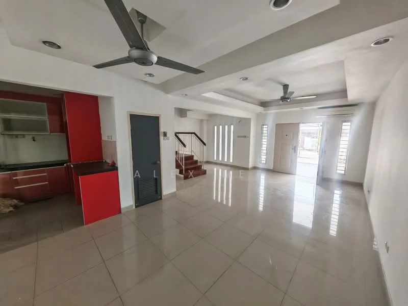 Living features: white painted walls, polished ceramic tile flooring, 5-blade ceiling fan with light, recessed downlights, large windows for natural light, open layout, staircase leading to upper level, door leading to outdoor area; style: modern. Kitchen features: red cabinetry, black countertop, built-in kitchen appliances, open layout to living area; style: modern.