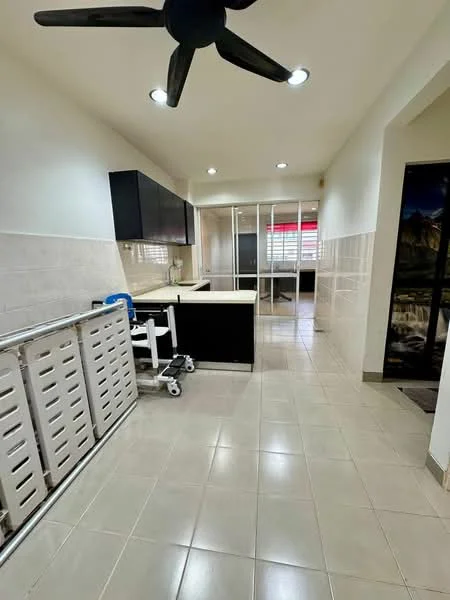 Kitchen features: black cabinetry, white countertop, stainless-steel sink, chrome faucet, kitchen island, ceramic tile flooring, recessed downlights, 5-blade ceiling fan, glass partition, window with blinds; style: modern.