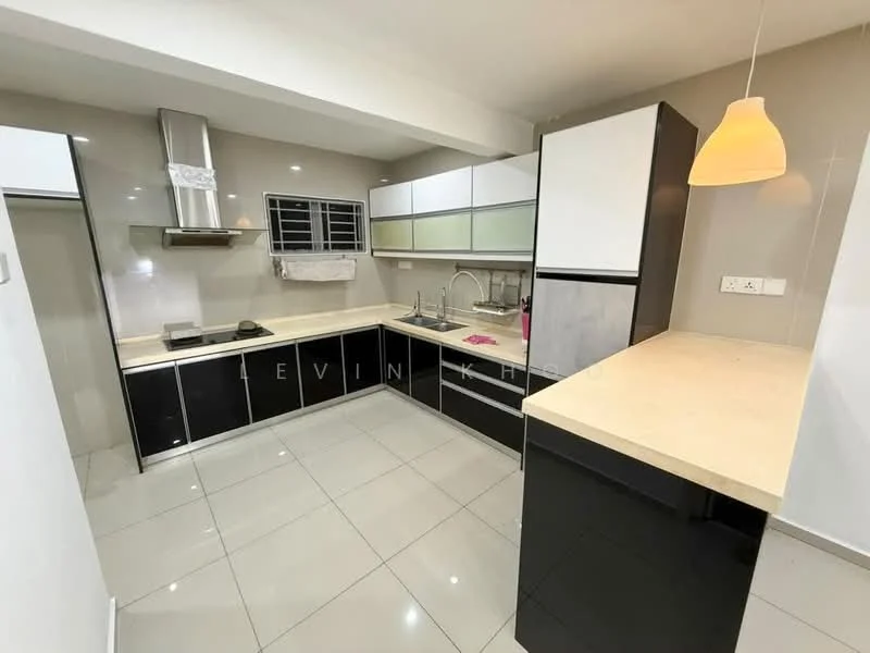 Kitchen features: black and white cabinetry, stainless-steel range hood, single-bowl stainless-steel sink, chrome pull-down faucet, light-colored countertop, ceramic tile flooring, wall-mounted window, built-in oven, recessed downlights, pendant light, open shelving, kitchen island, modern design; style: modern.