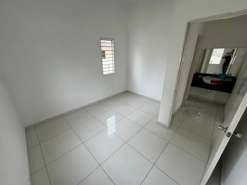 Room features: white painted walls, glossy ceramic tile flooring, small window with metal grille, door leading to another room, mirror above sink, black countertop, vanity with sink, neutral lighting; style: modern.