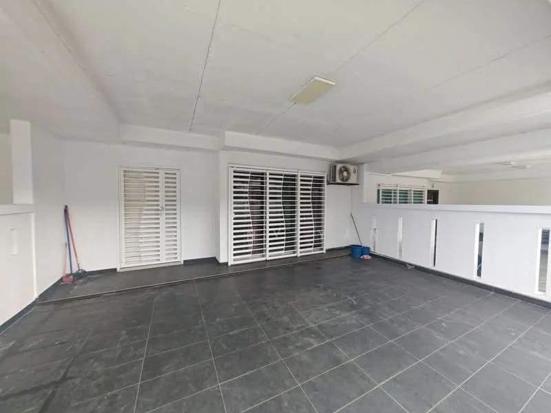 Room features: white painted walls, black tile flooring, sliding glass door, window with horizontal slats, wall-mounted split AC, ceiling lights, open space, clean and minimalistic design; style: modern.