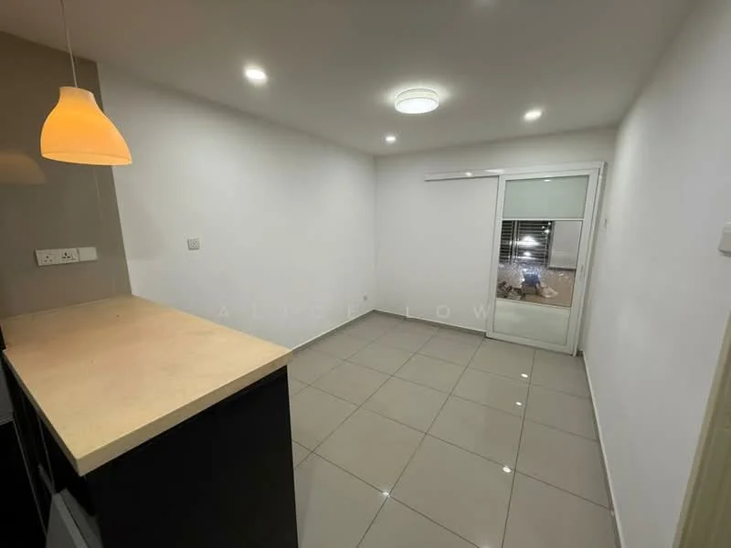 Room features: white painted walls, grey tiled flooring, recessed ceiling lights, pendant light, sliding glass door, window with blinds, open layout, kitchen counter with bar seating; style: modern.