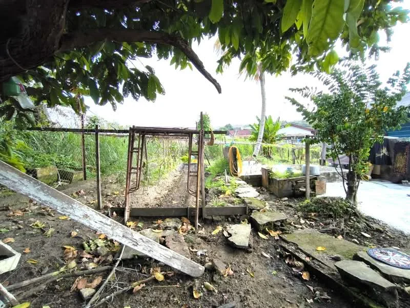Exterior type: landscape garden; features: vegetable garden with rows of plants, wooden swing set, stone pathway, mature trees, fenced perimeter, tire swing, garden tools visible, open space, dirt ground, surrounding greenery; style: natural.