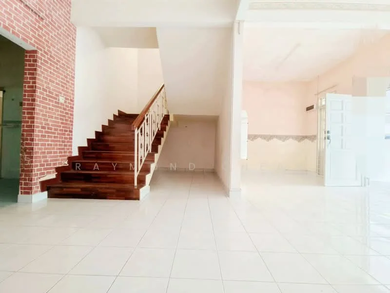 Room features: white painted walls, exposed brick wall, white tiled flooring, wooden staircase, decorative ceiling, open layout, natural light from windows, no visible furniture; style: modern.