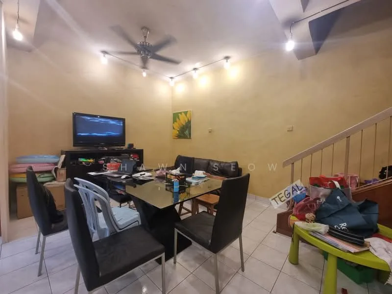 Living features: white painted walls, ceramic tile flooring, 5-blade ceiling fan with light, wall-mounted TV, glass dining table, black dining chairs, decorative wall art, staircase with white railing, various items on floor, light fixtures on ceiling; style: modern.