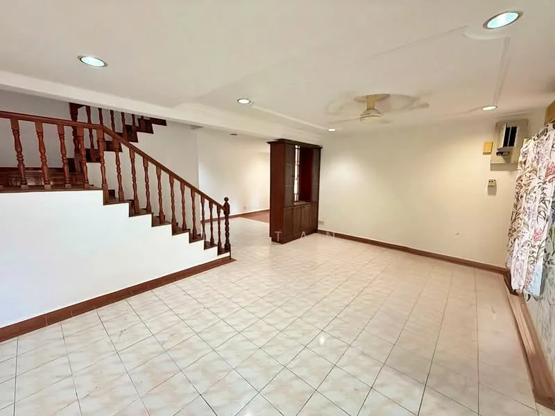 Living features: cream tiled flooring, white painted walls, ceiling fan, recessed downlights, wooden staircase, built-in wooden cabinet, large window with sheer curtains, wall-mounted split AC; style: modern.