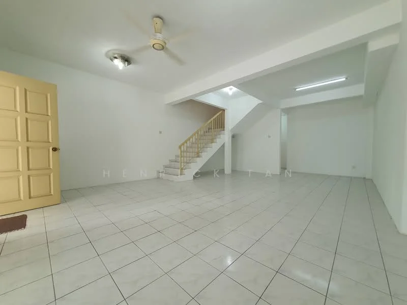 Living features: white painted walls, white tiled flooring, 5-blade ceiling fan, recessed lighting, staircase with wooden railing, large open space, no visible furniture, natural light from windows; style: minimalist.