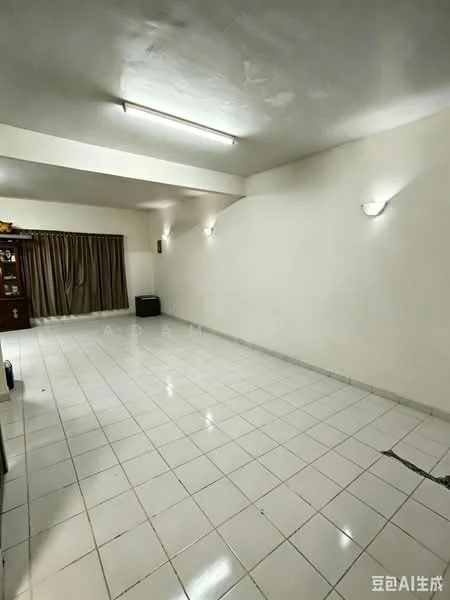 Living features: white painted walls, glossy white tile flooring, recessed ceiling lights, two wall sconces, large window with curtain, open layout, neutral color scheme, no visible furniture; style: minimalist.