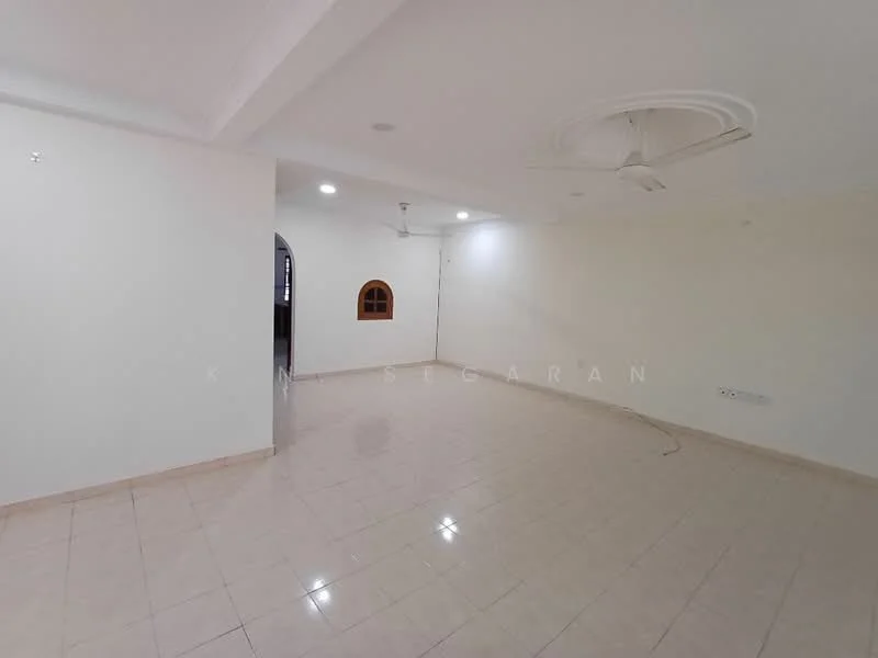 Room features: white painted walls, polished ceramic tile flooring, ceiling fan, recessed downlights, arched window, corner wall with no visible features, no visible furniture or decor.