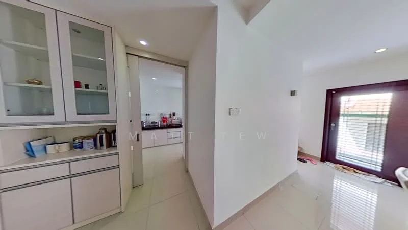 Room features: white painted walls, tile flooring, built-in cabinets with glass doors, countertop with storage, doorway leading to another room, window with blinds, light switch, recessed lighting; style: modern.