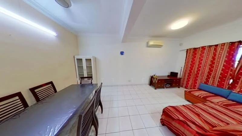 Living features: white painted walls, tile flooring, recessed ceiling lights, 5-blade ceiling fan, large window with curtain, sofa with orange and blue cushions, wooden coffee table, TV console, dining table with 6 chairs, air conditioning unit.