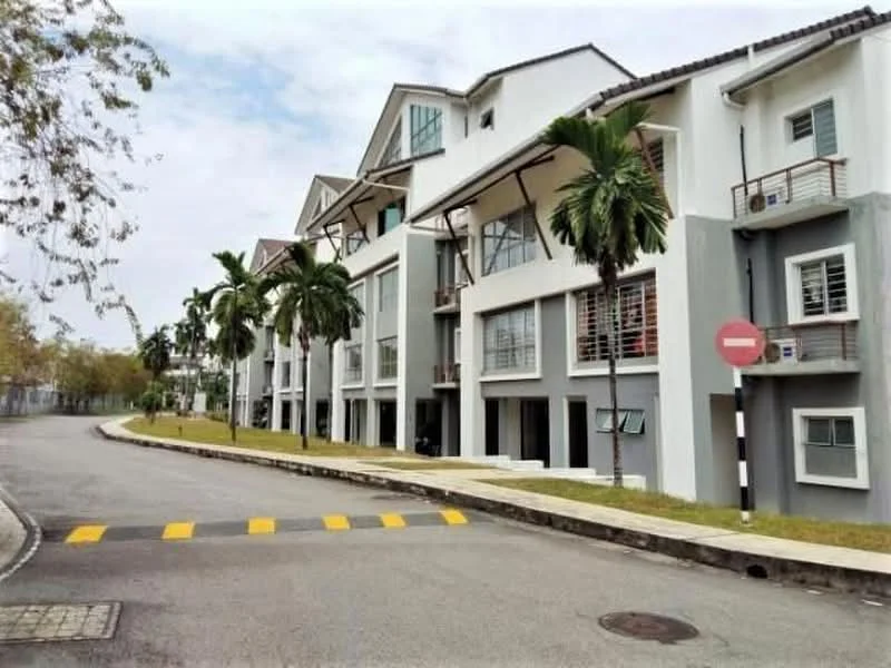 Exterior type: linked terrace house; features: white painted facade, grey accent walls, recessed balconies, flat roof, 2-storey building, manicured lawn, palm trees, sidewalk, street with speed bumps, road signage, windows with grills; style: modern.
