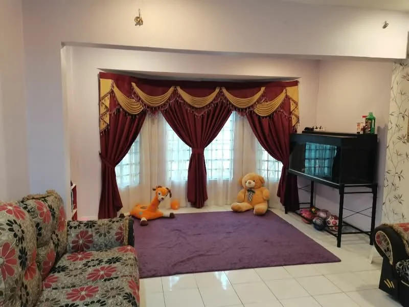 Living features: floral patterned fabric sofa, purple area rug, curtains with gold trim, floor-to-ceiling windows, teddy bear decor, orange plush toy, black cabinet, white tiled flooring, wall with light purple paint; style: modern.