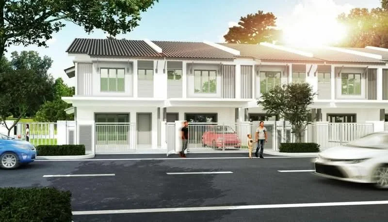Exterior type: linked terrace house; features: white painted facade, pitched tile roof, two-storey building, manicured lawn, paved driveway, front porch, fenced yard, landscaped garden, visible cars in driveway, street view, surrounded by greenery; style: modern.