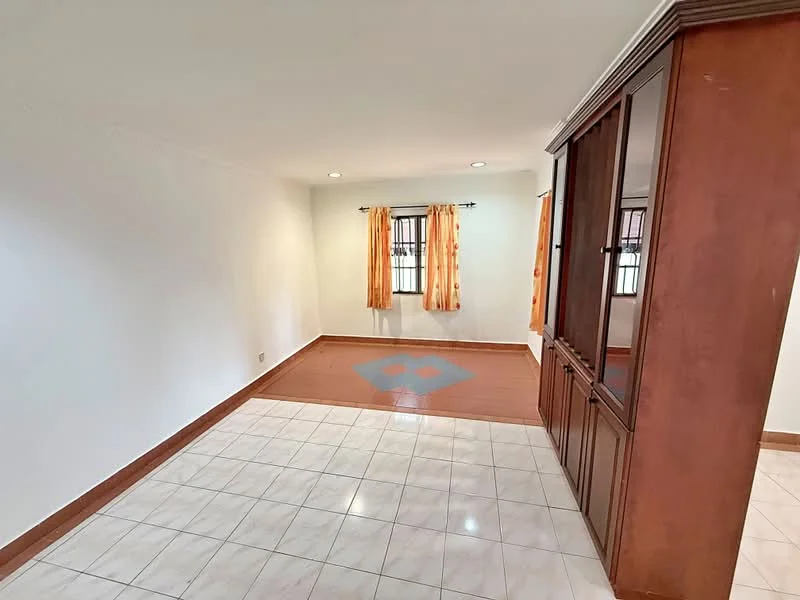 Room features: white painted walls, tile flooring, wood cabinetry, window with curtains, recessed downlights, orange sheer curtains, decorative diamond pattern on floor, corner cabinet; style: modern.
