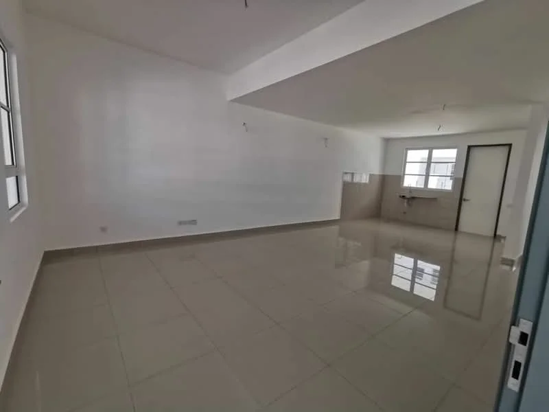 Room features: white painted walls, glossy ceramic tile flooring, large windows, neutral color scheme, high ceiling, recessed lighting, open layout, kitchen area visible in background; style: modern.