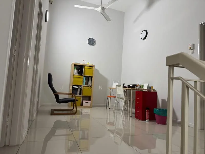 Study features: white painted walls, glossy tile flooring, 5-blade ceiling fan, wall clock, desk with chair, yellow bookshelf, white chair, red cabinet, green planter, cross on wall, window with natural light; style: modern.