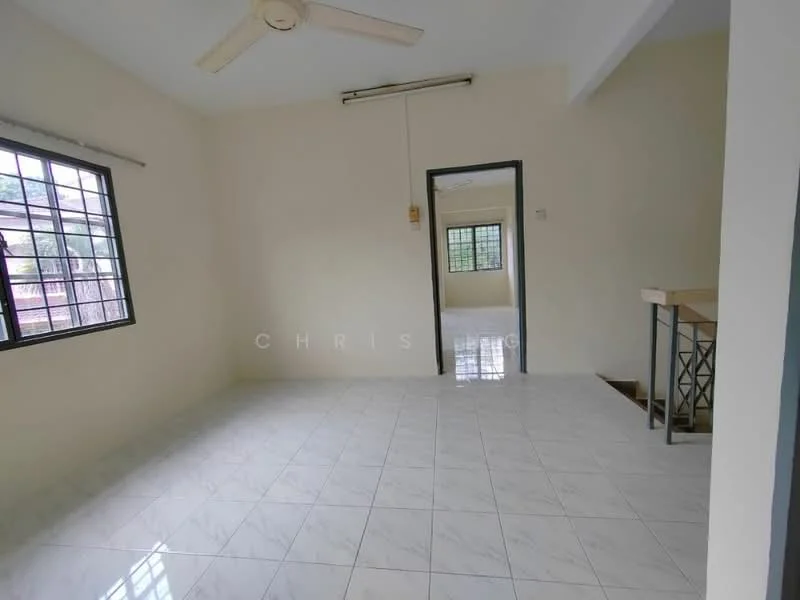 Room features: white painted walls, white ceiling, ceiling fan, large window with black frame, tiled flooring in white, doorway leading to another room, staircase visible in background, light switch on wall; style: minimalist; view: garden.