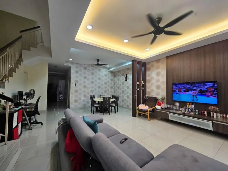 Living features: 5-blade ceiling fan with light, recessed LED downlights, wall-mounted TV, entertainment unit, grey fabric sofa, coffee table, area rug, cream painted walls with wallpaper, glossy tile flooring, decorative wall paneling, dining table with chairs, open layout to dining area; style: modern. Dining features: dining table with chairs, cream painted walls, glossy tile flooring; style: modern.