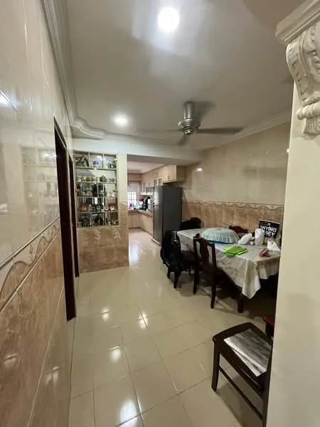Dining features: white walls with tile cladding, cream tiled flooring, 5-blade ceiling fan with light, dining table with tablecloth, wooden dining chairs, display cabinet with glass doors, refrigerator, open kitchen layout; style: modern. Hallway features: white walls, cream tiled flooring, decorative wall moulding.