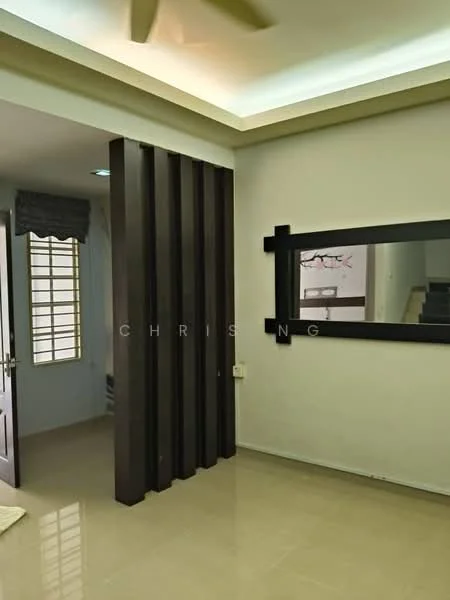 Room features: cream painted walls, light-colored ceiling with recessed lighting, dark wood feature wall, large mirror, tile flooring, window with sheer curtains, door with wood frame, ceiling fan; style: modern.