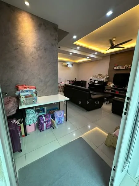 Living features: grey accent wall, white painted walls, recessed downlights, ceiling fan, sofa in dark color, coffee table, TV console, wall-mounted TV, tile flooring, decorative items on shelves, area rug, open layout to adjacent room; style: modern. Room features: table with storage boxes, luggage, decorative items.
