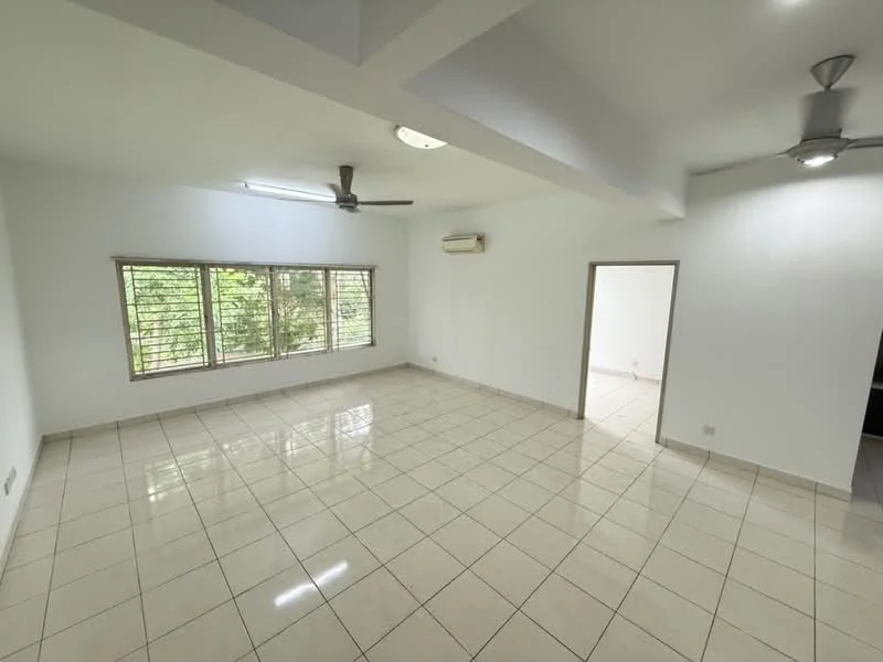 Room features: white painted walls, glossy ceramic tile flooring, 2 ceiling fans, 1 wall-mounted split AC, large windows with horizontal blinds, natural light from windows, open layout, no visible furniture; style: modern; view: garden.